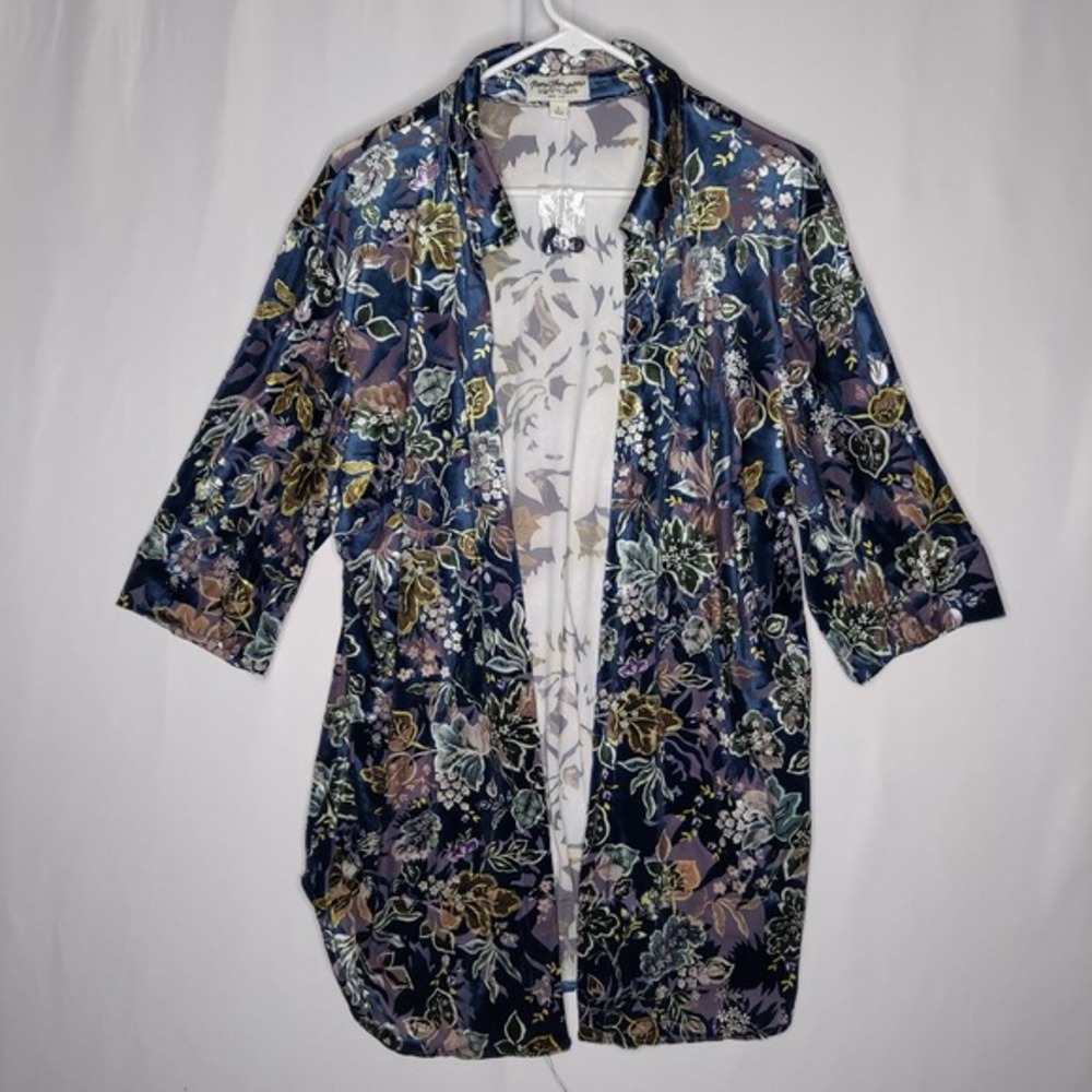 Norm Thompson Burnout Velvet Cardigan Women Large Blue‎ Floral 3/4 Open Velour